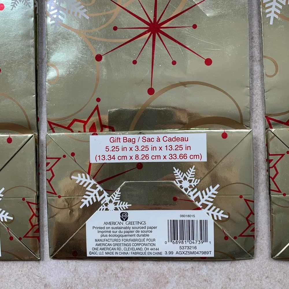 Lot 3x American Greetings Christmas Winter Holiday Party Gift Bags Gold Red NEW!